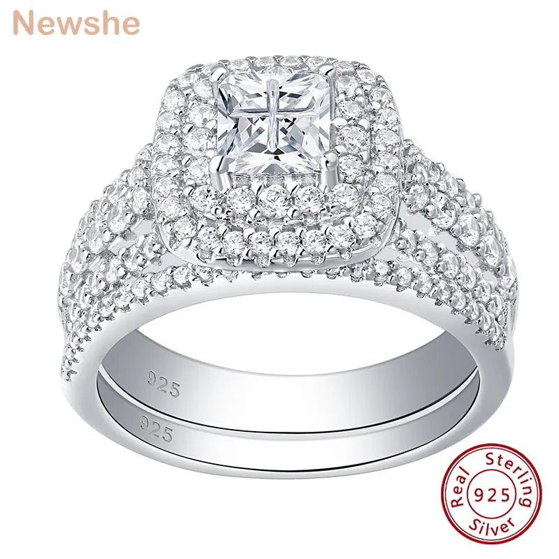Wedding Ring Set – 925 Sterling Silver, Halo Design, Princess Cut