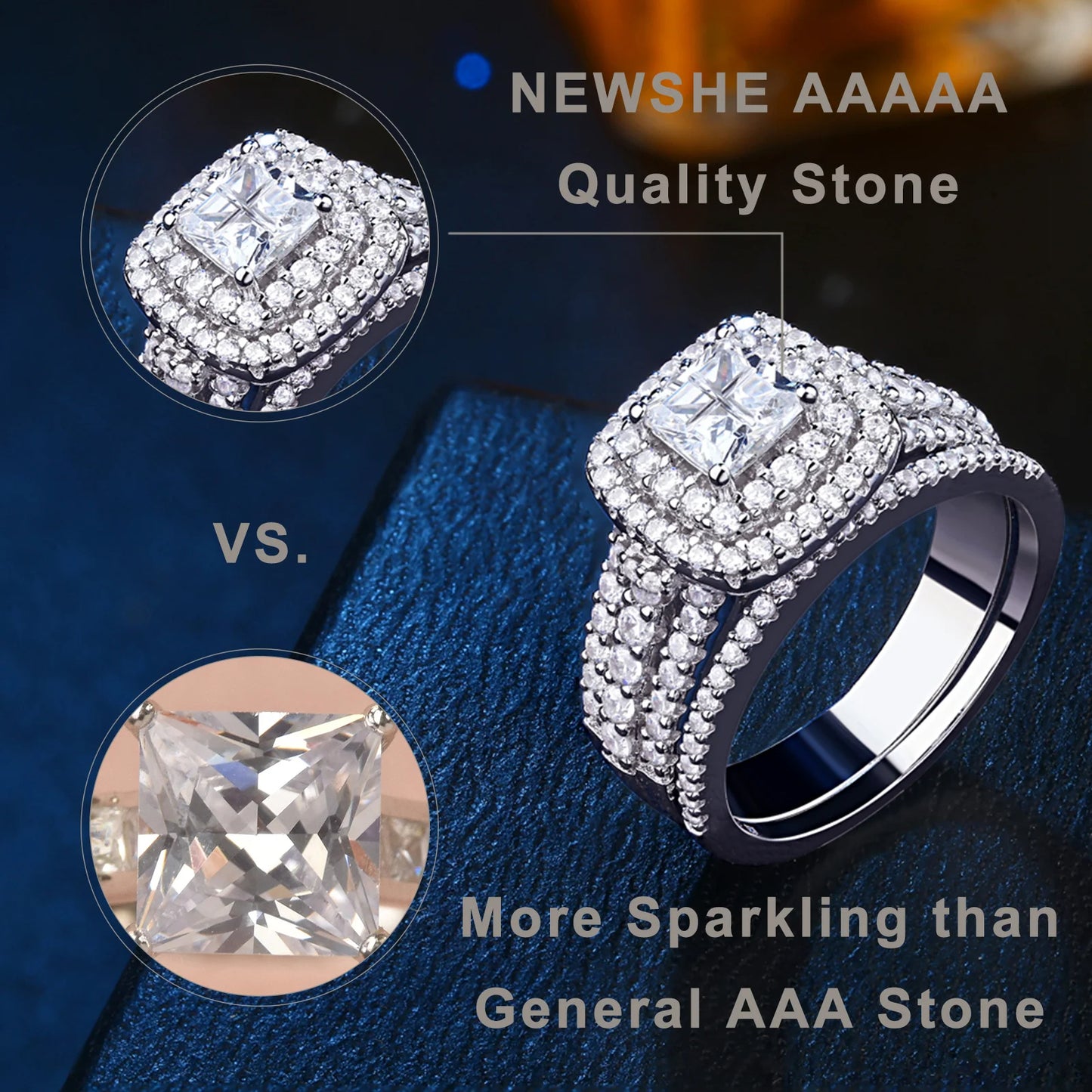 Wedding Ring Set – 925 Sterling Silver, Halo Design, Princess Cut