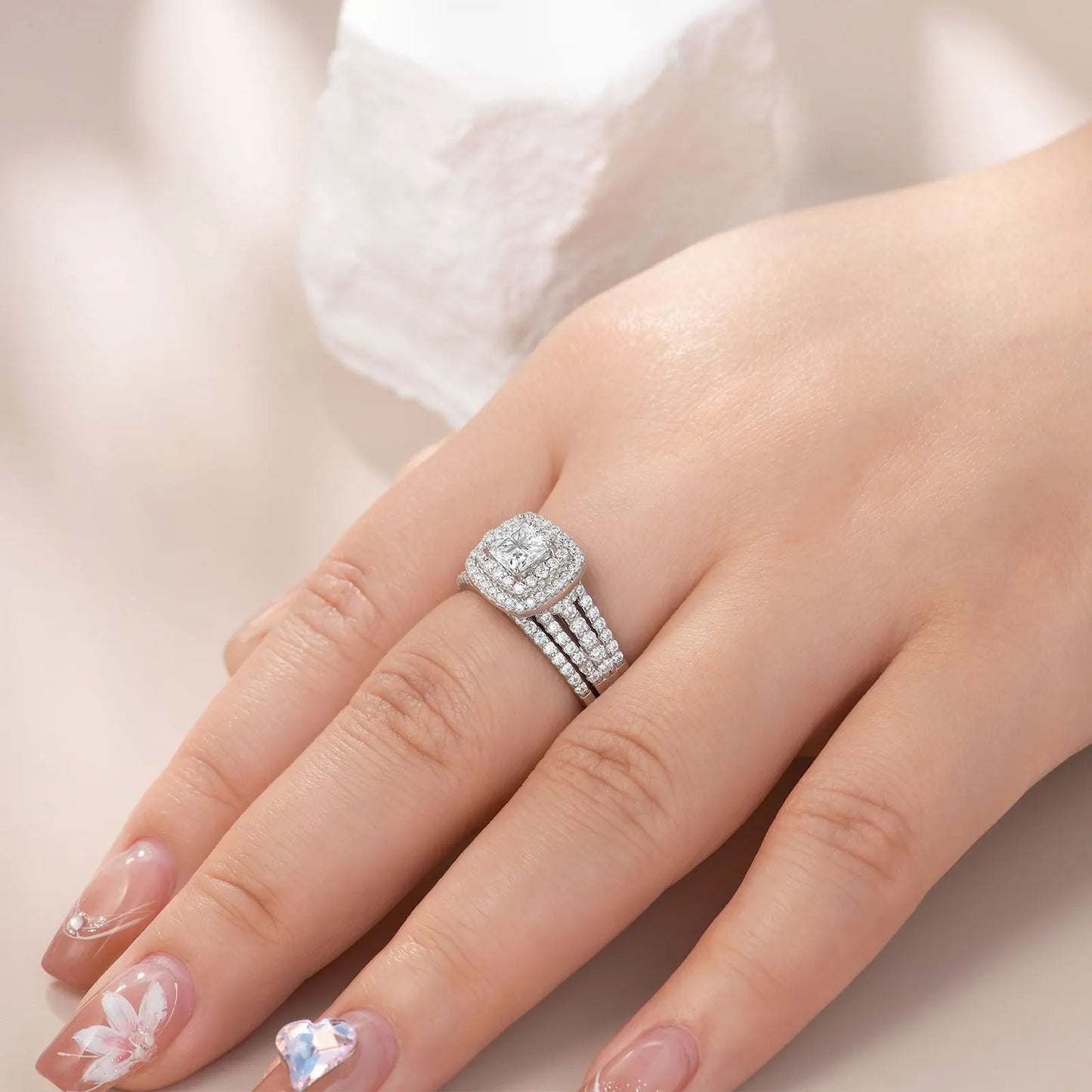 Wedding Ring Set – 925 Sterling Silver, Halo Design, Princess Cut