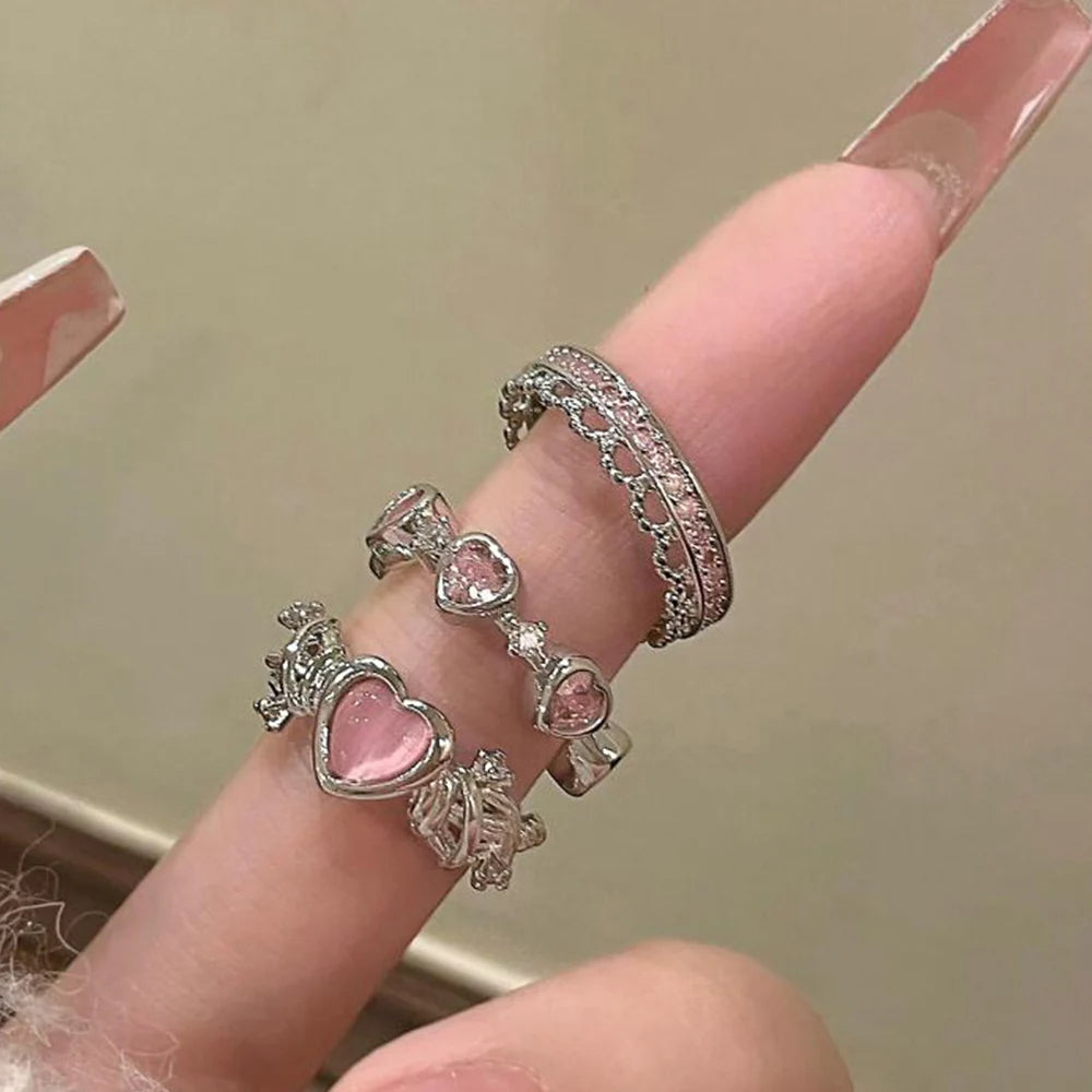 Crown-Shaped Ring Set – Silver Color, Crystal-Studded, Adjustable, Modern Korean Style