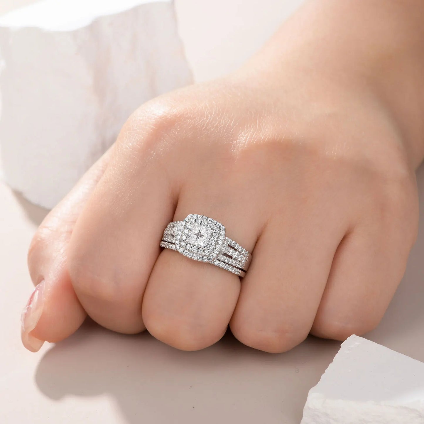 Wedding Ring Set – 925 Sterling Silver, Halo Design, Princess Cut