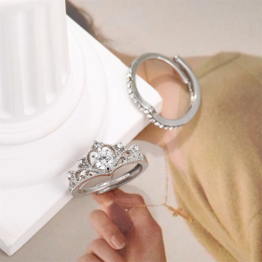 Crown-Shaped Ring Set – Silver Color, Crystal-Studded, Adjustable, Modern Korean Style