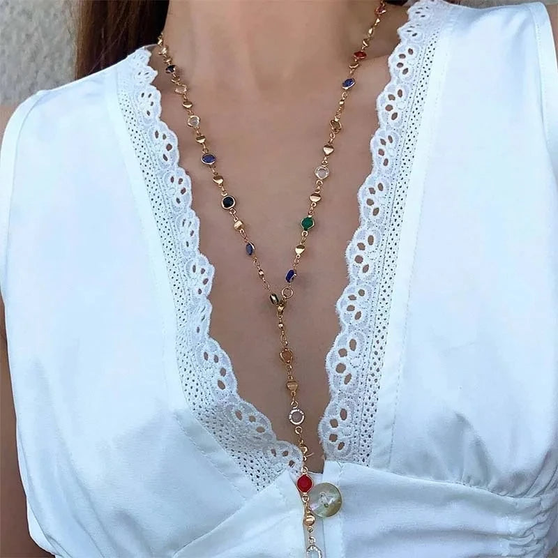 قلادة شرابة فاخرة ملونة - مزينة بالكريستال والزركون، بتصميم بوهو أنيق