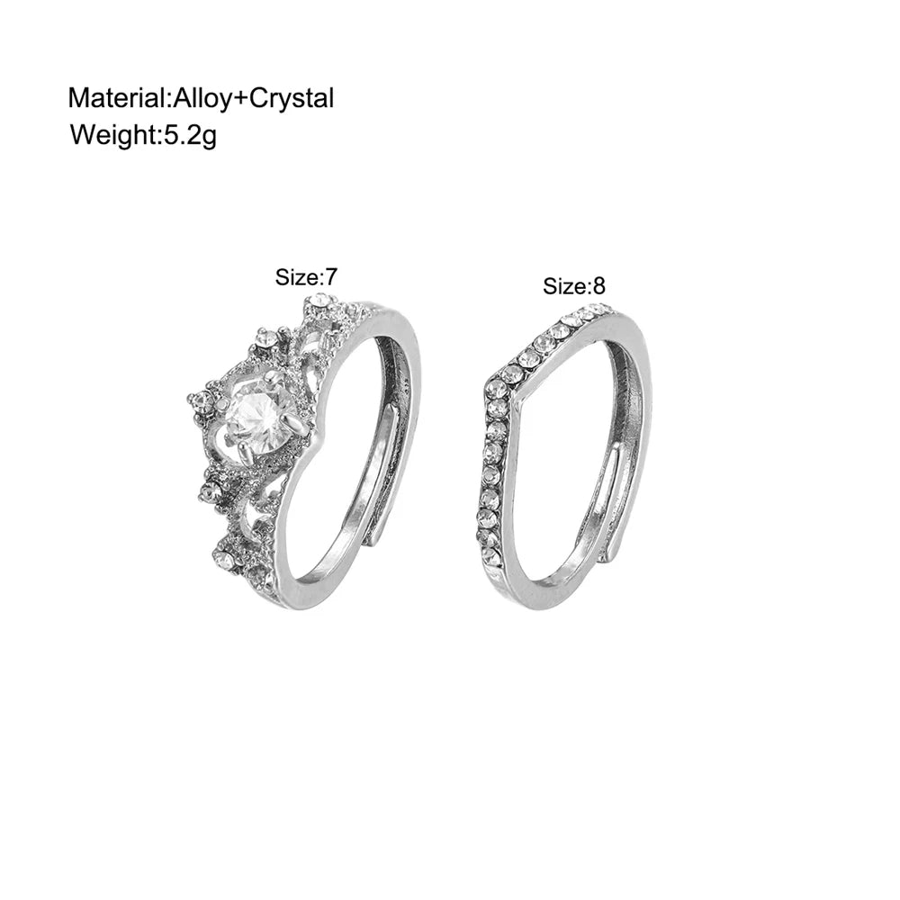 Crown-Shaped Ring Set – Silver Color, Crystal-Studded, Adjustable, Modern Korean Style