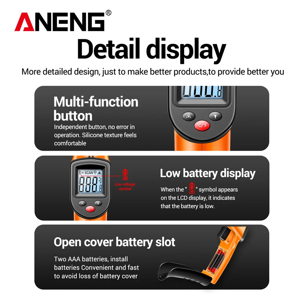 ANENG TH201 مسدس قياس الأشعة تحت الحمراء الرقمي عالي الحساسية، شاشة إضاءة خلفية، تحديد موضع الليزر، درجة الحرارة بدون تلامس