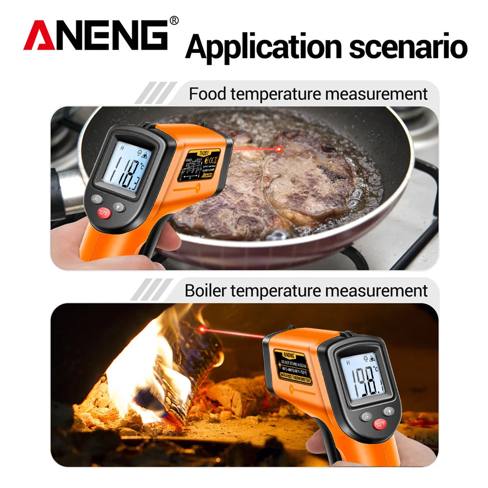 ANENG TH201 مسدس قياس الأشعة تحت الحمراء الرقمي عالي الحساسية، شاشة إضاءة خلفية، تحديد موضع الليزر، درجة الحرارة بدون تلامس