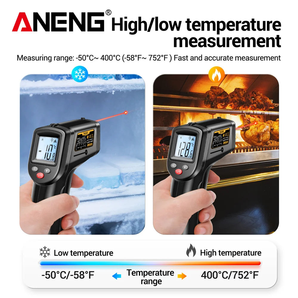 ANENG TH201 مسدس قياس الأشعة تحت الحمراء الرقمي عالي الحساسية، شاشة إضاءة خلفية، تحديد موضع الليزر، درجة الحرارة بدون تلامس