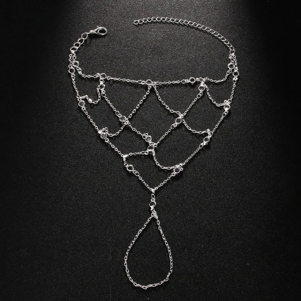 Mesh Finger Bracelet Adorned with Sparkling Rhinestones