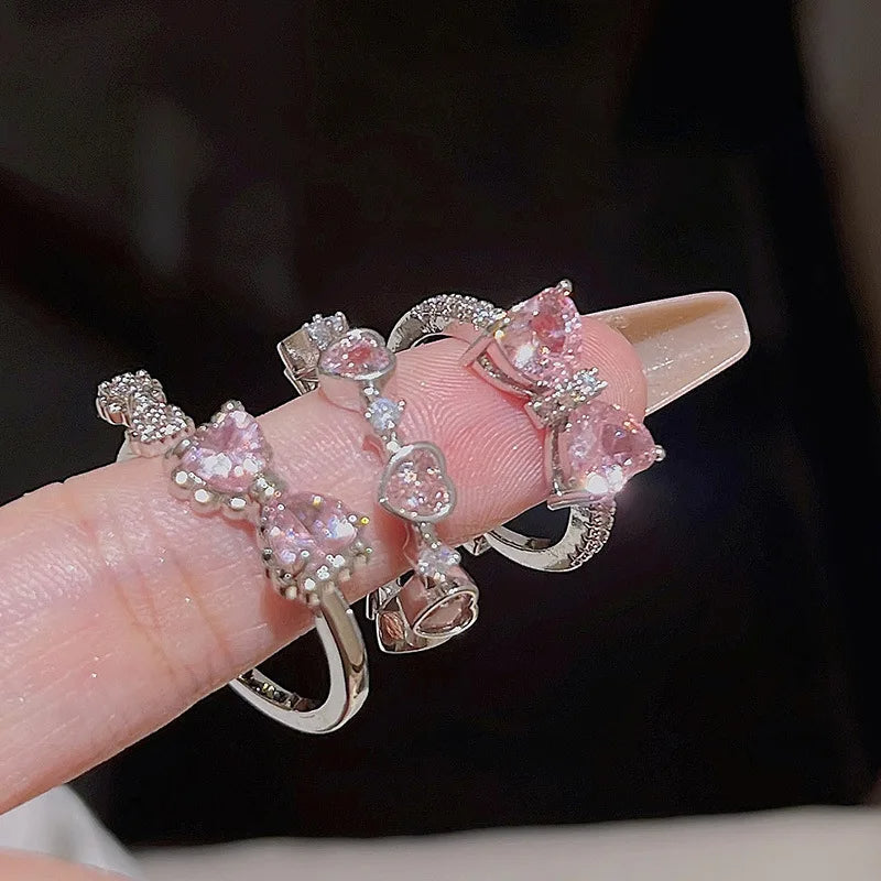 Crown-Shaped Ring Set – Silver Color, Crystal-Studded, Adjustable, Modern Korean Style