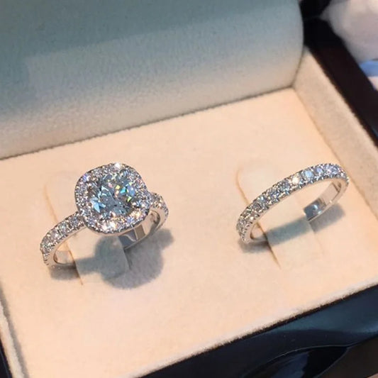 Luxury Wedding Ring Set – Two Pieces, Zircon-Studded for Women