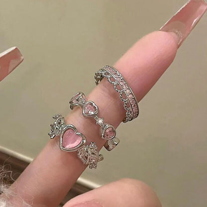 Crown-Shaped Ring Set – Silver Color, Crystal-Studded, Adjustable, Modern Korean Style