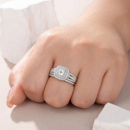Wedding Ring Set – 925 Sterling Silver, Halo Design, Princess Cut