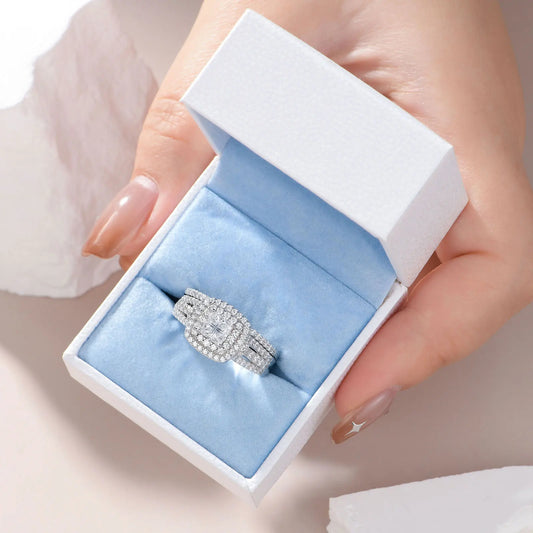 Wedding Ring Set – 925 Sterling Silver, Halo Design, Princess Cut