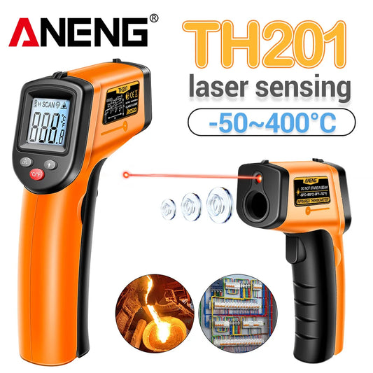 ANENG TH201 مسدس قياس الأشعة تحت الحمراء الرقمي عالي الحساسية، شاشة إضاءة خلفية، تحديد موضع الليزر، درجة الحرارة بدون تلامس
