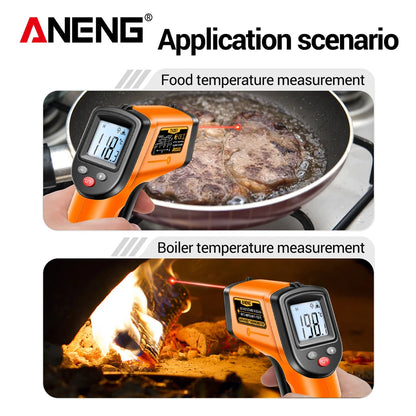 ANENG TH201 مسدس قياس الأشعة تحت الحمراء الرقمي عالي الحساسية، شاشة إضاءة خلفية، تحديد موضع الليزر، درجة الحرارة بدون تلامس