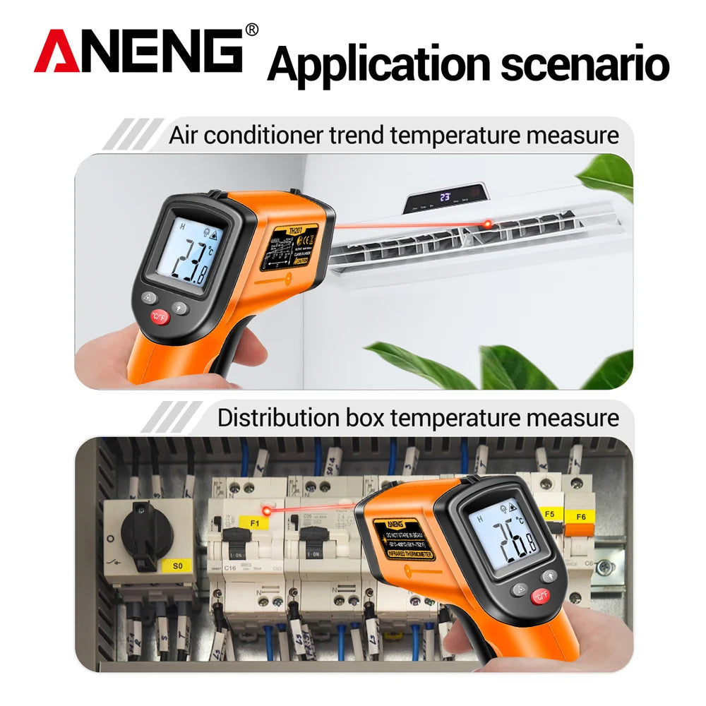 ANENG TH201 مسدس قياس الأشعة تحت الحمراء الرقمي عالي الحساسية، شاشة إضاءة خلفية، تحديد موضع الليزر، درجة الحرارة بدون تلامس