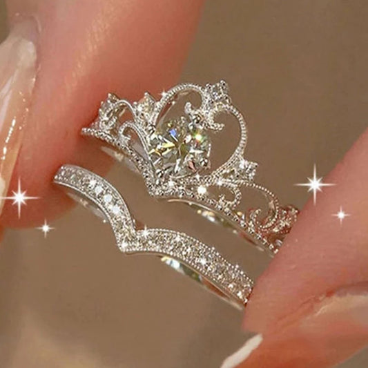 Crown-Shaped Ring Set – Silver Color, Crystal-Studded, Adjustable, Modern Korean Style