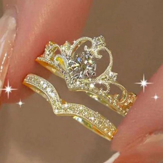 Crown-Shaped Ring Set – Silver Color, Crystal-Studded, Adjustable, Modern Korean Style